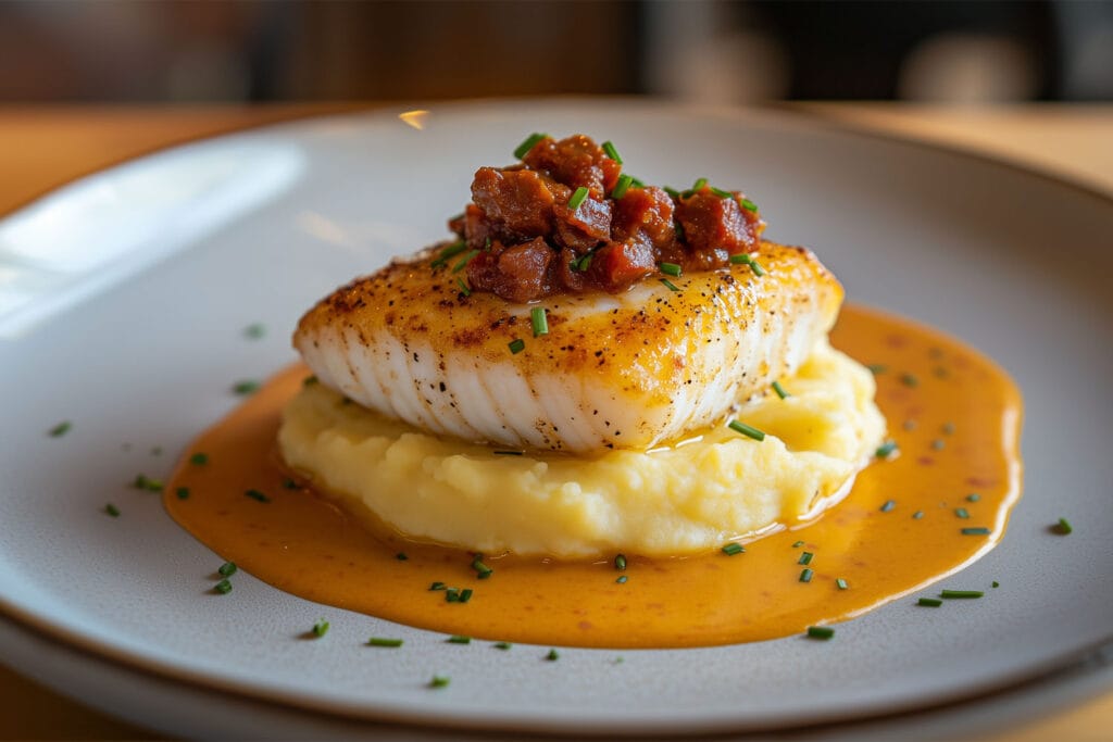 Dos de Cabillaud à la Crème de Chorizo et Écrasé de Pommes de Terre