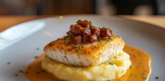 Dos de Cabillaud à la Crème de Chorizo et Écrasé de Pommes de Terre