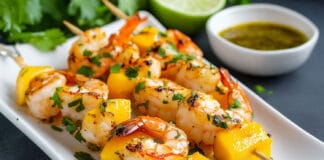 Mini brochettes de crevettes et mangue