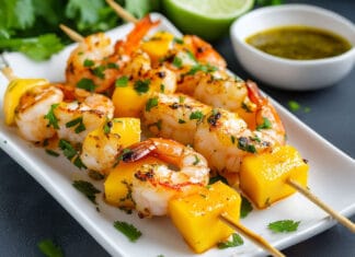 Mini brochettes de crevettes et mangue