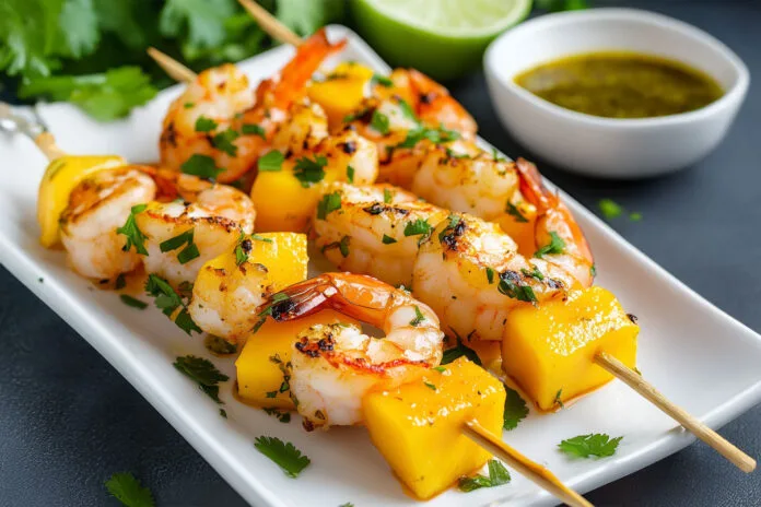 Mini brochettes de crevettes et mangue
