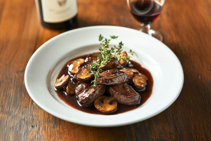 Bœuf Sauté aux Champignons et Vin Rouge