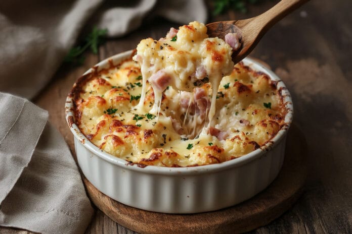 Gratin Réconfortant de Chou-Fleur, Pommes de Terre, Fromage et Jambon