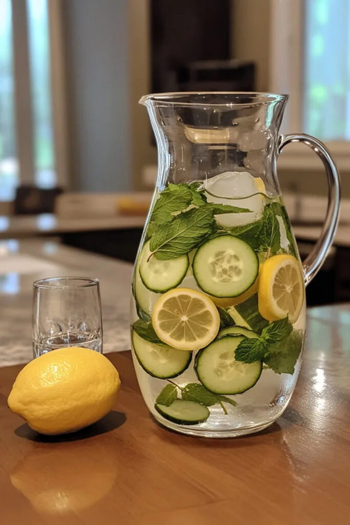 Carafe d’eau detox citron-menthe-concombre avec glaçons, tranches de citron et concombre, et feuilles de menthe fraîche – boisson rafraîchissante et detox maison.
