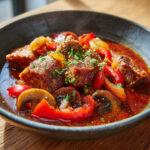 Assiette généreuse de goulash de porc aux poivrons et champignons, nappée de sauce au paprika, servie avec du riz blanc.