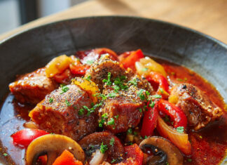 Assiette généreuse de goulash de porc aux poivrons et champignons, nappée de sauce au paprika, servie avec du riz blanc.
