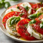 Salade caprese colorée composée de tranches de tomates et mozzarella fraîche, feuilles de basilic et filet d’huile d’olive, dressée sur une grande assiette.