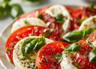 Salade caprese colorée composée de tranches de tomates et mozzarella fraîche, feuilles de basilic et filet d’huile d’olive, dressée sur une grande assiette.