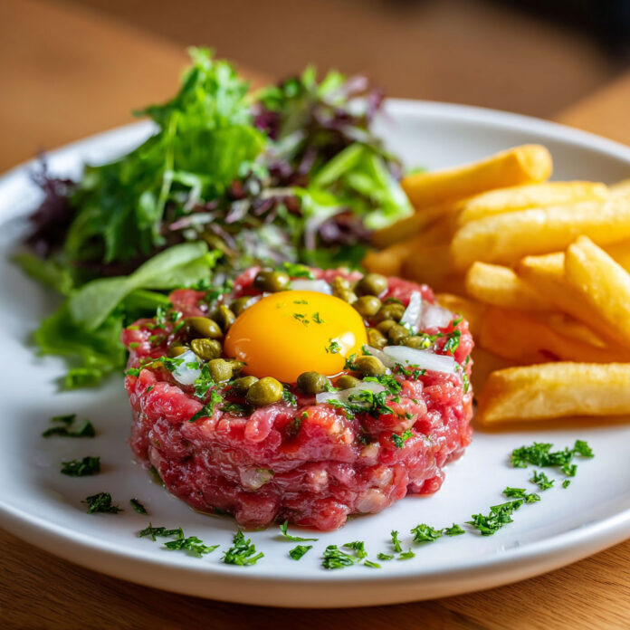 Assiette de steak tartare classique au couteau, accompagné de frites maison croustillantes et d'une salade verte fraîche.