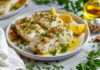Filets d’aiglefin dorés au four, nappés d’huile d’olive, parsemés d’ail et de persil, servis avec quartiers de citron – recette d’aiglefin à l’ail.
