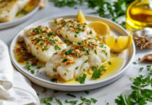 Filets d’aiglefin dorés au four, nappés d’huile d’olive, parsemés d’ail et de persil, servis avec quartiers de citron – recette d’aiglefin à l’ail.