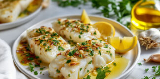 Filets d’aiglefin dorés au four, nappés d’huile d’olive, parsemés d’ail et de persil, servis avec quartiers de citron – recette d’aiglefin à l’ail.