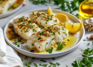 Filets d’aiglefin dorés au four, nappés d’huile d’olive, parsemés d’ail et de persil, servis avec quartiers de citron – recette d’aiglefin à l’ail.