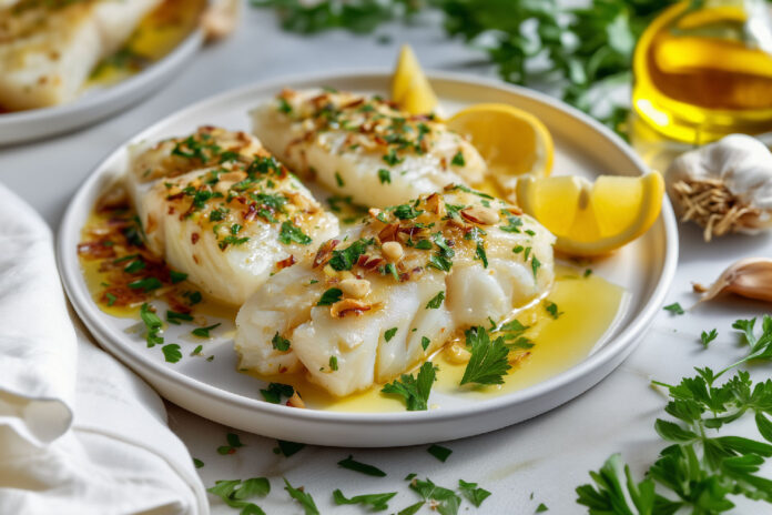 Filets d’aiglefin dorés au four, nappés d’huile d’olive, parsemés d’ail et de persil, servis avec quartiers de citron – recette d’aiglefin à l’ail.
