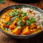 Un curry de butternut aux pois chiches, parfumé aux épices douces et lait de coco. Une recette végétarienne facile, réconfortante et savoureuse.