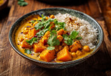 Un curry de butternut aux pois chiches, parfumé aux épices douces et lait de coco. Une recette végétarienne facile, réconfortante et savoureuse.