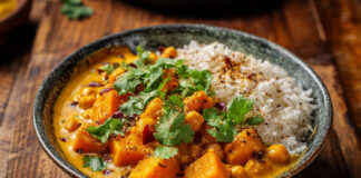 Un curry de butternut aux pois chiches, parfumé aux épices douces et lait de coco. Une recette végétarienne facile, réconfortante et savoureuse.