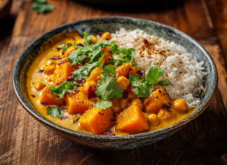 Un curry de butternut aux pois chiches, parfumé aux épices douces et lait de coco. Une recette végétarienne facile, réconfortante et savoureuse.