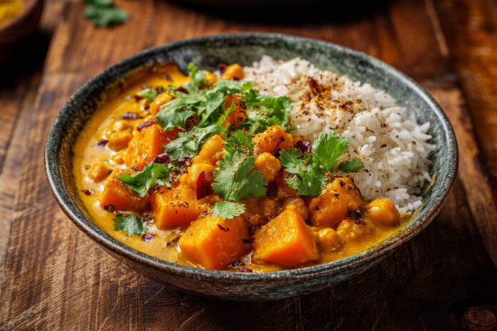Un curry de butternut aux pois chiches, parfumé aux épices douces et lait de coco. Une recette végétarienne facile, réconfortante et savoureuse.