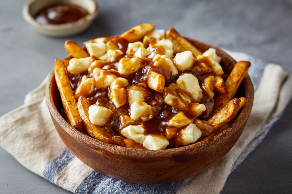 Recette de la poutine typique québécoise : frites maison, fromage en grains et sauce brune onctueuse. Une explosion de saveurs authentiques !