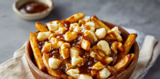 Recette de la poutine typique québécoise : frites maison, fromage en grains et sauce brune onctueuse. Une explosion de saveurs authentiques !