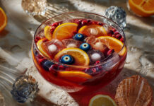 Grand saladier de punch d’Halloween rouge sang, garni de rondelles d’agrumes, fruits rouges et d’une main glacée, prêt à être servi.