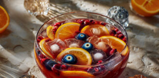 Grand saladier de punch d’Halloween rouge sang, garni de rondelles d’agrumes, fruits rouges et d’une main glacée, prêt à être servi.