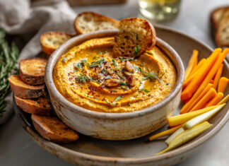 Tartinade de butternut rôtie à l’ail, douce, onctueuse et pleine de goût. Une recette végétale simple, parfaite pour l’apéritif ou en dip.