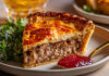 Recette traditionnelle de la tourtière québécoise : une pâte maison dorée, garnie d’une farce savoureuse au porc et bœuf, épicée et réconfortante.