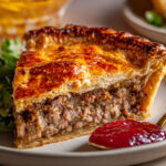 Recette traditionnelle de la tourtière québécoise : une pâte maison dorée, garnie d’une farce savoureuse au porc et bœuf, épicée et réconfortante.