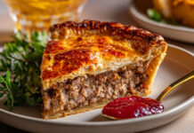 Recette traditionnelle de la tourtière québécoise : une pâte maison dorée, garnie d’une farce savoureuse au porc et bœuf, épicée et réconfortante.
