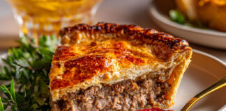 Recette traditionnelle de la tourtière québécoise : une pâte maison dorée, garnie d’une farce savoureuse au porc et bœuf, épicée et réconfortante.
