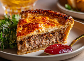 Recette traditionnelle de la tourtière québécoise : une pâte maison dorée, garnie d’une farce savoureuse au porc et bœuf, épicée et réconfortante.