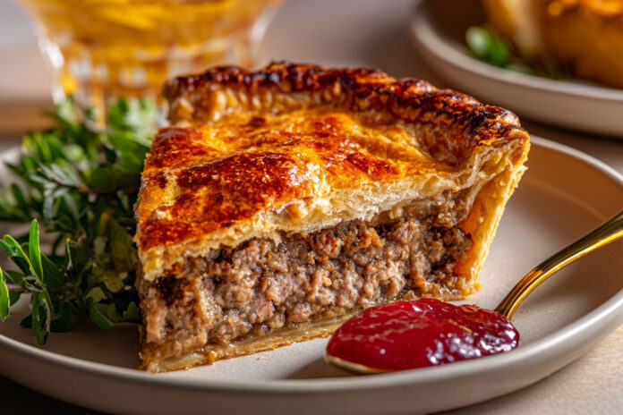 Recette traditionnelle de la tourtière québécoise : une pâte maison dorée, garnie d’une farce savoureuse au porc et bœuf, épicée et réconfortante.
