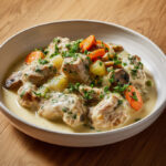 Assiette de blanquette de veau traditionnelle servie avec des légumes et une sauce crémeuse – un classique de la cuisine française.