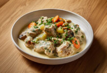 Blanquette de veau traditionnelle – un plat mijoté français crémeux et réconfortant Assiette de blanquette de veau traditionnelle servie avec des légumes et une sauce crémeuse – un classique de la cuisine française.