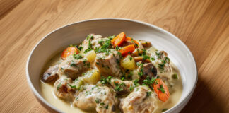 Assiette de blanquette de veau traditionnelle servie avec des légumes et une sauce crémeuse – un classique de la cuisine française.