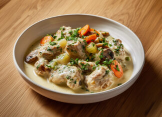 Assiette de blanquette de veau traditionnelle servie avec des légumes et une sauce crémeuse – un classique de la cuisine française.