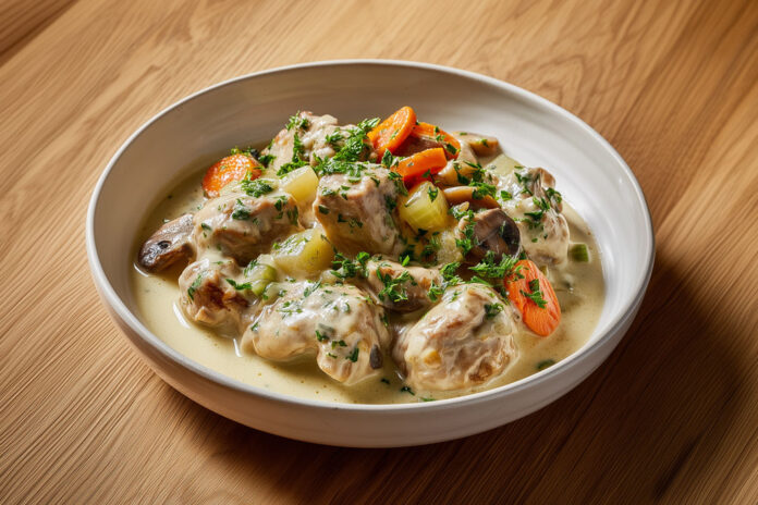 Assiette de blanquette de veau traditionnelle servie avec des légumes et une sauce crémeuse – un classique de la cuisine française.