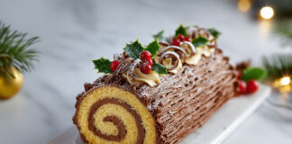 Bûche de Noël roulée au chocolat avec crème au beurre, décorée de houx, rosettes et sucre glace sur plat blanc.