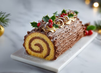 Bûche de Noël roulée au chocolat avec crème au beurre, décorée de houx, rosettes et sucre glace sur plat blanc.