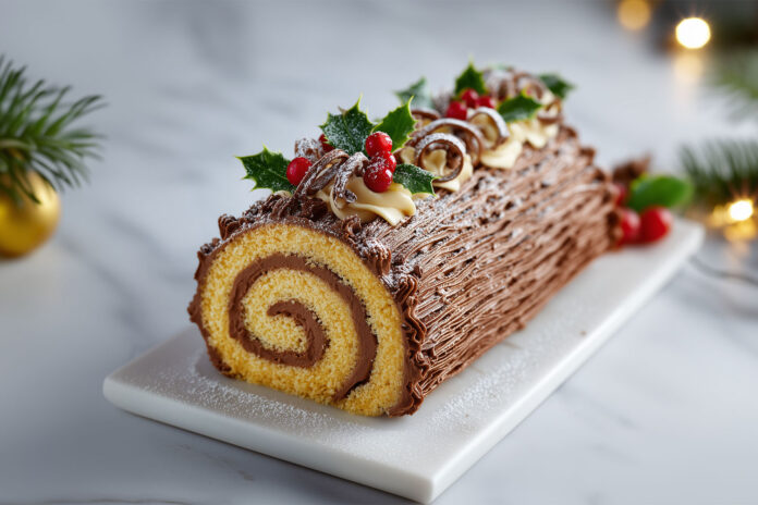 Bûche de Noël roulée au chocolat avec crème au beurre, décorée de houx, rosettes et sucre glace sur plat blanc.