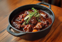Civet de sanglier à la cocotte mijoté longuement, avec sa sauce au vin rouge, lardons et herbes aromatiques.