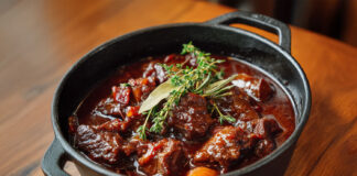 Civet de sanglier à la cocotte mijoté longuement, avec sa sauce au vin rouge, lardons et herbes aromatiques.