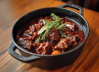 Civet de sanglier à la cocotte mijoté longuement, avec sa sauce au vin rouge, lardons et herbes aromatiques.