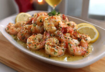 Crevettes rôties à l’ail nappées de beurre citronné, servies chaudes avec du persil frais et quartiers de citron.