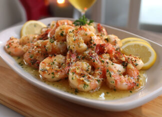 Crevettes rôties à l’ail nappées de beurre citronné, servies chaudes avec du persil frais et quartiers de citron.