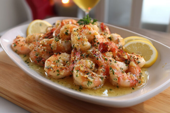 Crevettes rôties à l’ail nappées de beurre citronné, servies chaudes avec du persil frais et quartiers de citron.