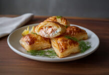 Feuilletés dorés au saumon et fromage frais citronné, garnis d’aneth, sur une assiette accompagnée de salade verte – recette savoureuse et facile.