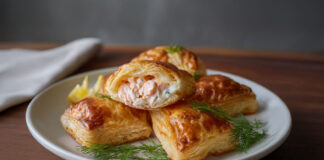 Feuilletés dorés au saumon et fromage frais citronné, garnis d’aneth, sur une assiette accompagnée de salade verte – recette savoureuse et facile.